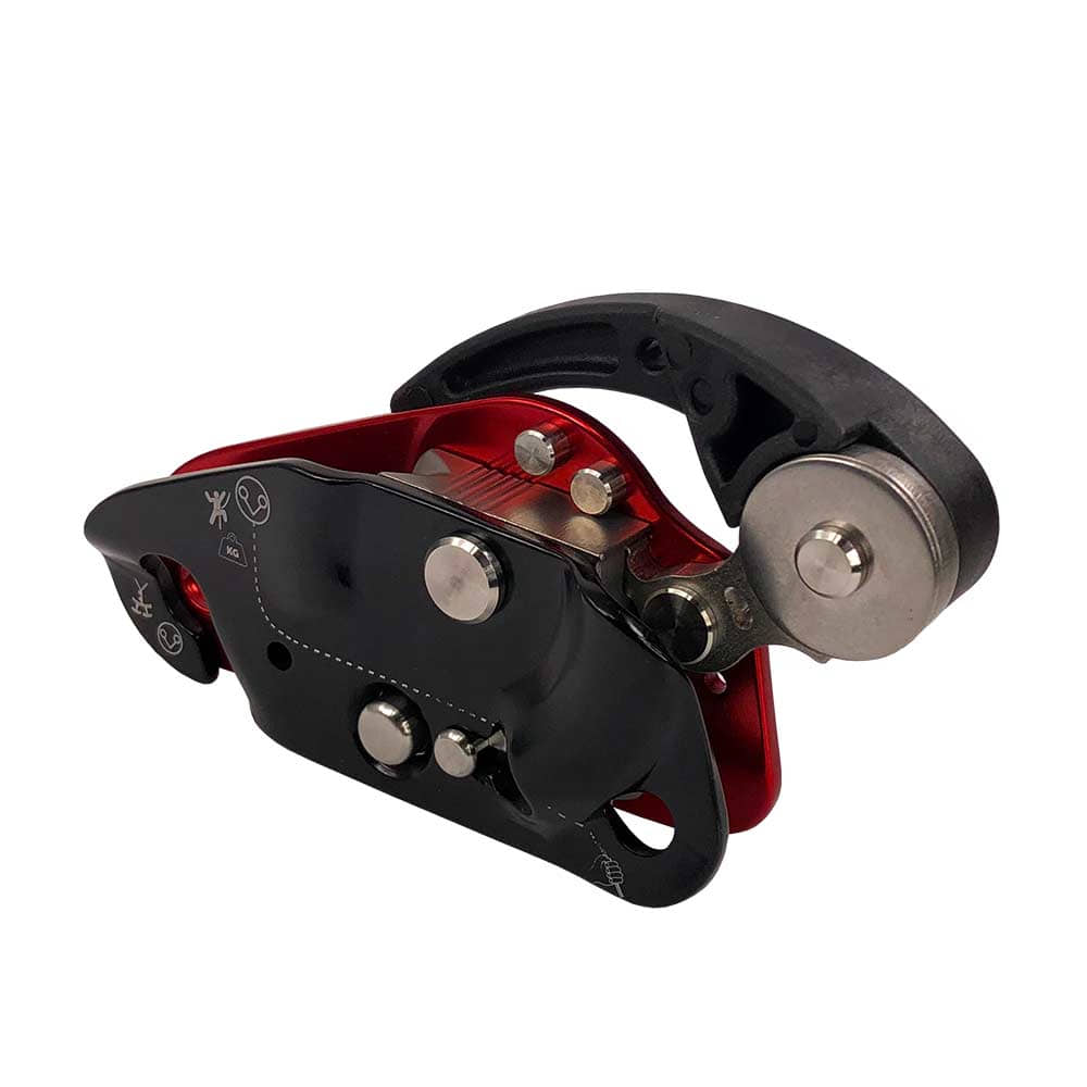 Via ferrata LOV3, manufacturer TAZ, red-black, other side view with metal rollers and pictograms