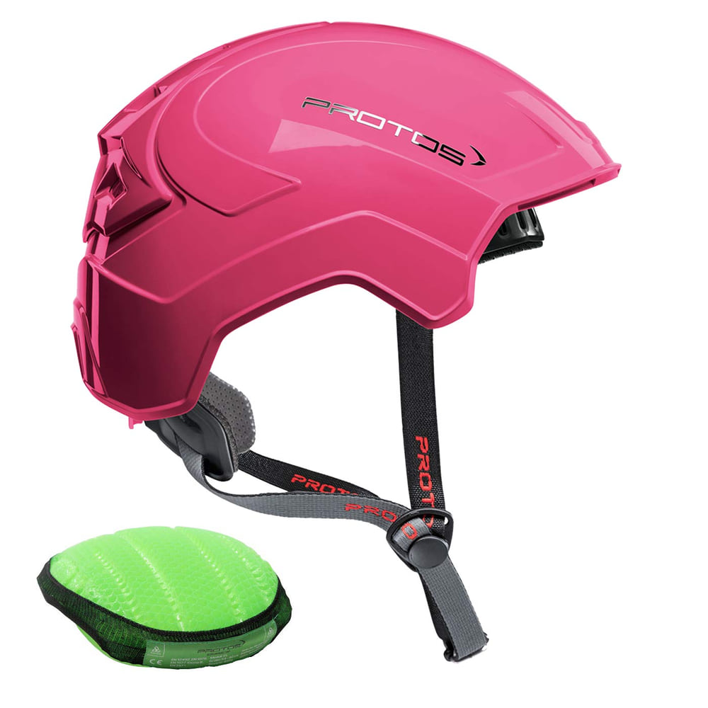 PROTOS® Climber helmet in pink with grey and black chin strap, next to it a green insert
