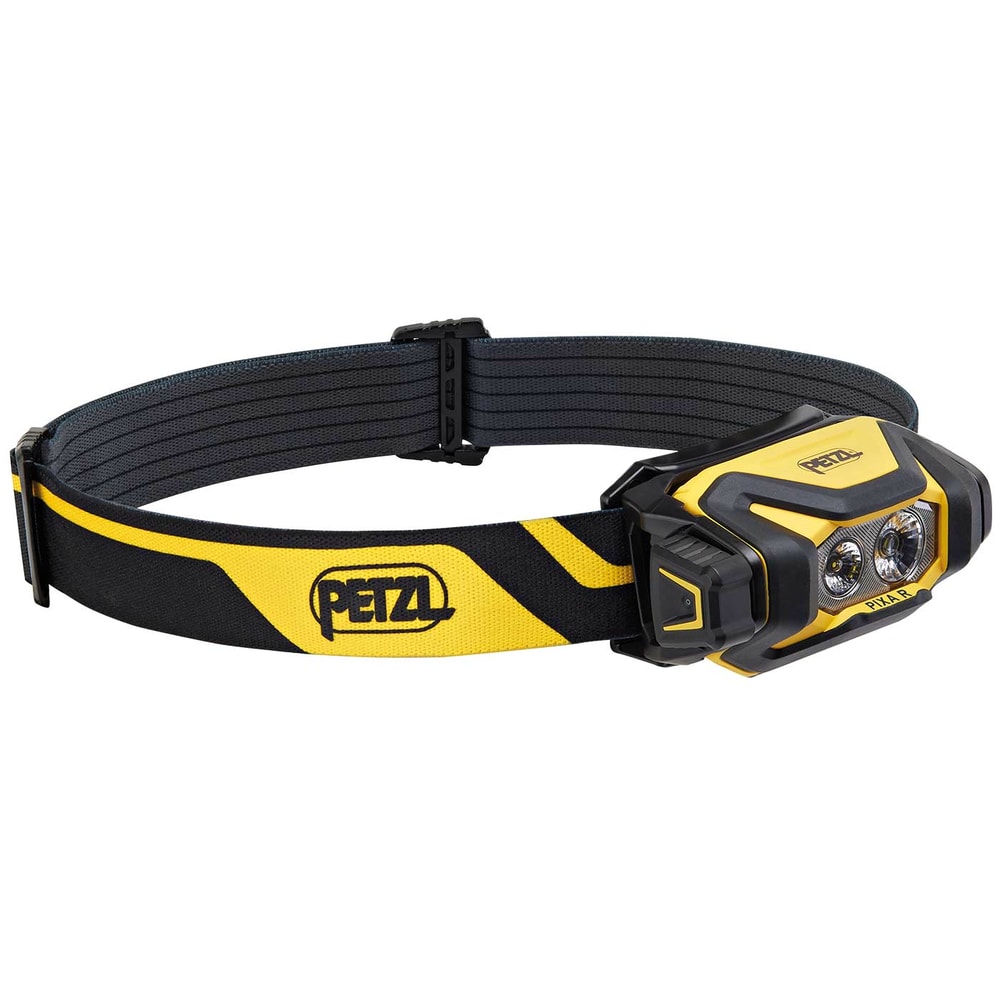 Petzl Pixa R headlamp with yellow and black adjustable headband and two luminous lenses at the front