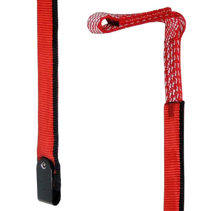 Close-up of the ZipAbsorber 1, showing the red loop made of white patterned rope and the red ribbon with black border and black metal part at the bottom