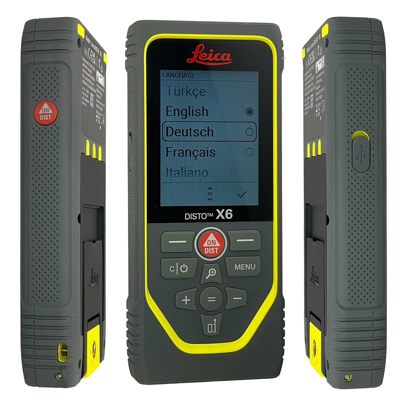 Leica Disto X6 laser rangefinder from front, left and right, display shows language selection, grey housing with yellow border and red and grey buttons, manufacturer Leica Geosystems