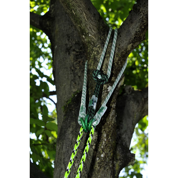 multiSAVER white-green rope with green metal rings and two yellow-black ropes, attached to a tree, close-up
