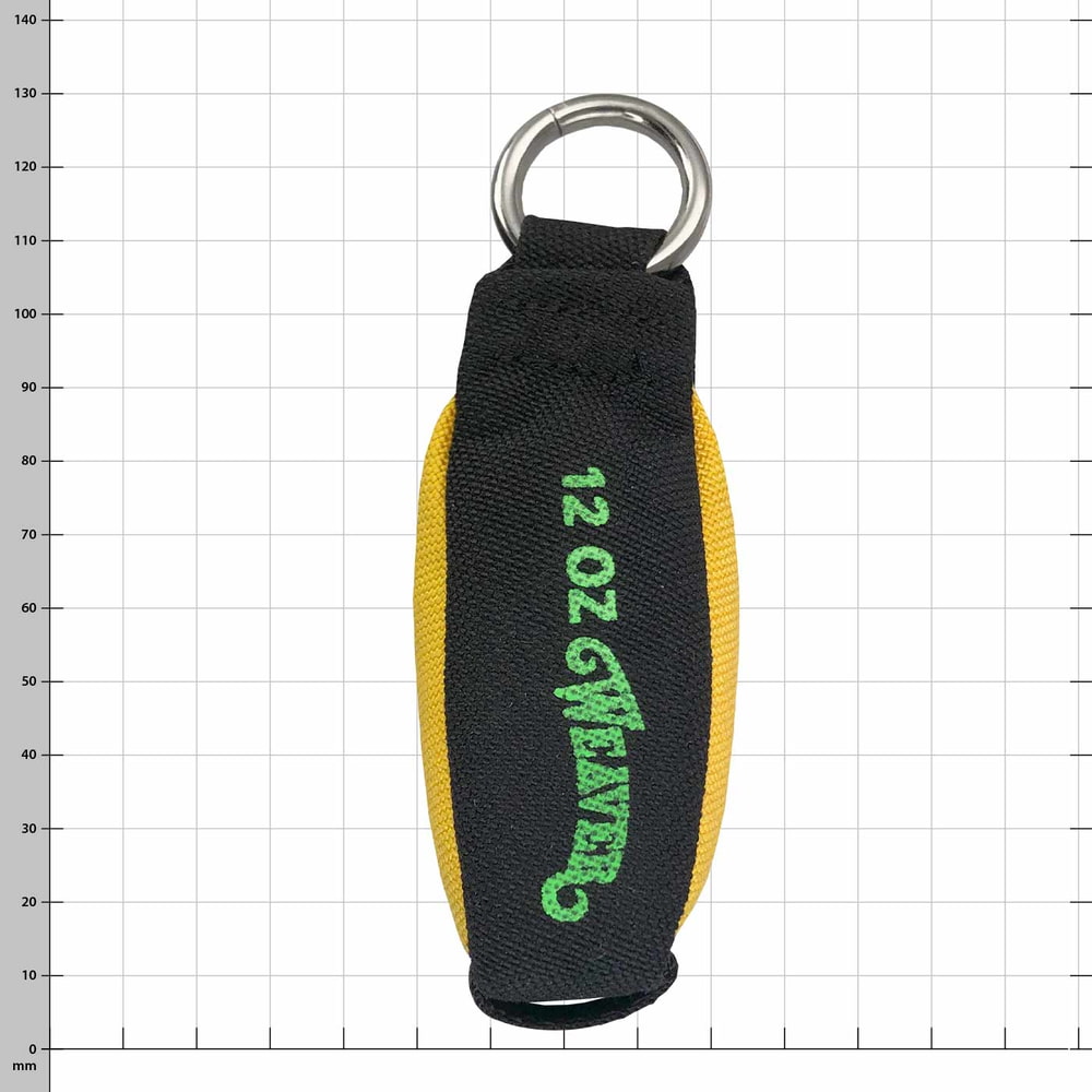 Bullet, weight 12 OZ, black and yellow with green text and metal ring on top