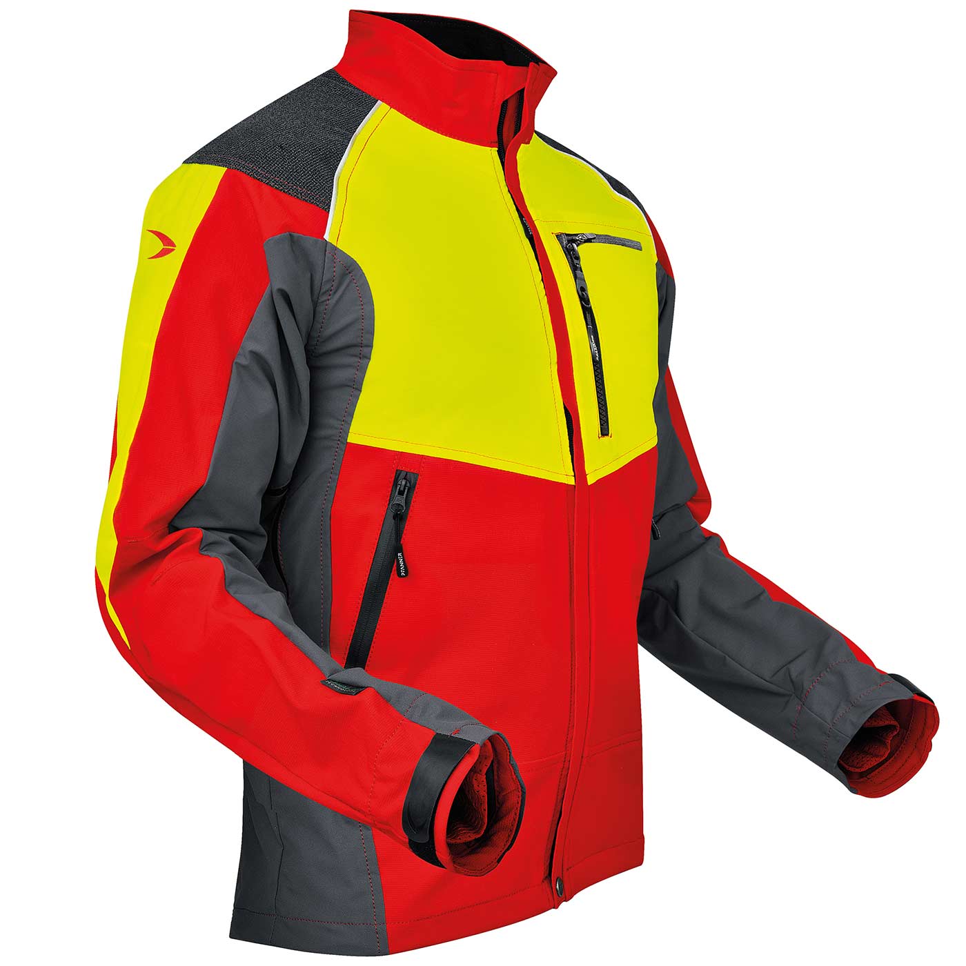 Ventilation jacket in red, yellow and grey with zippered pockets and high collar