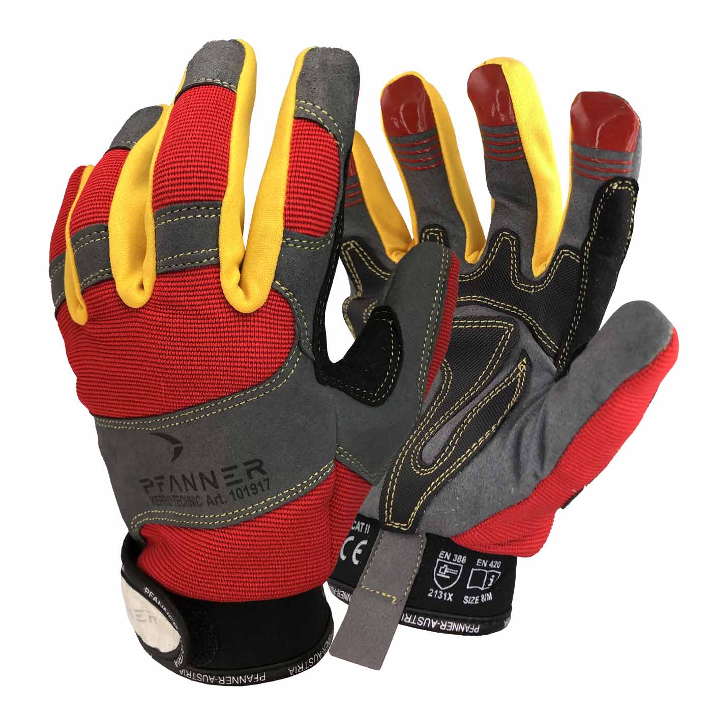 StretchFlex® KeproTechnic work gloves from Pfanner in red, yellow and grey with black details and prints on the back of the hand and wrist.