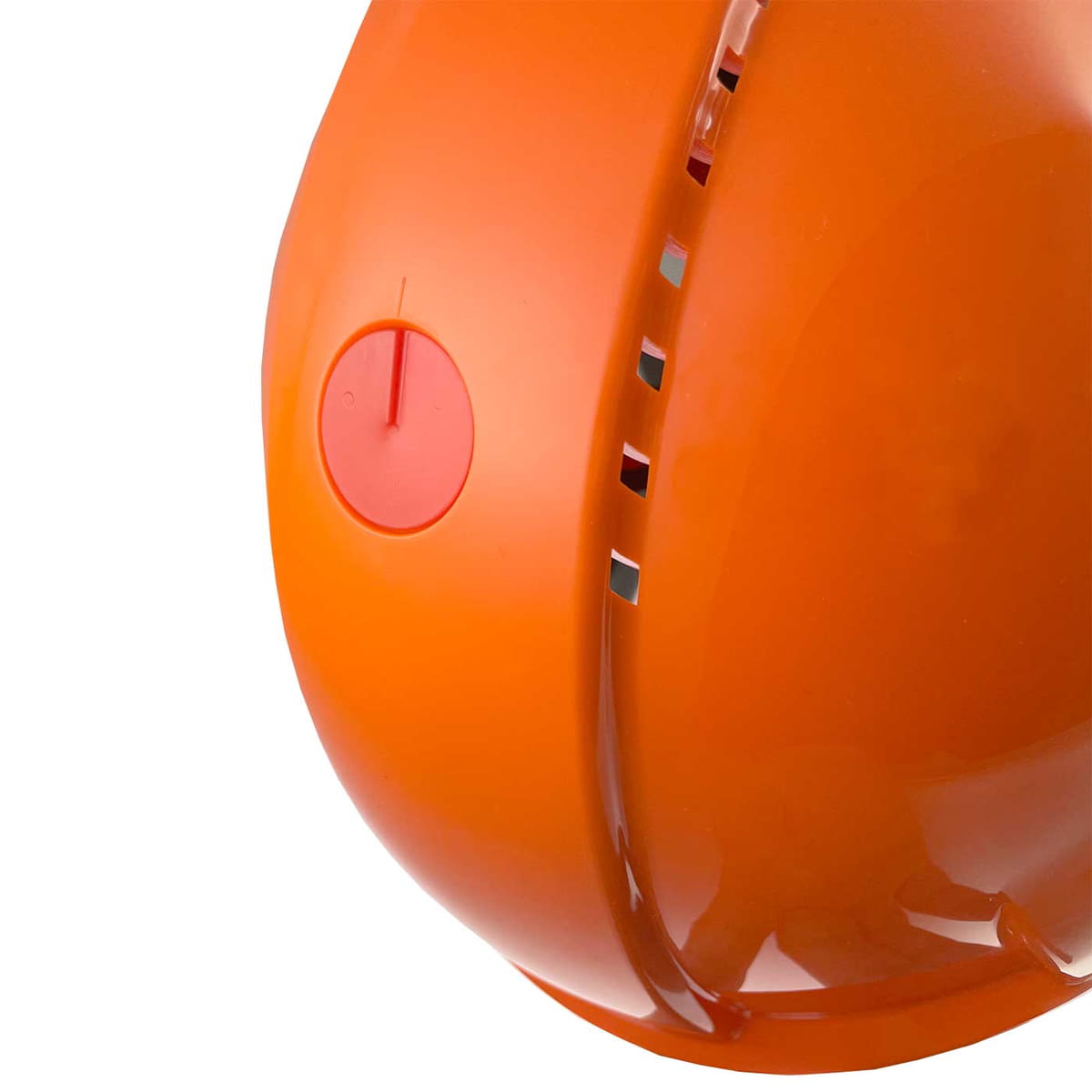 G3000 Complete Set Close-up of the top of the orange safety helmet with vents and red dial