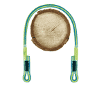XP-e lanyard, blue-yellow rope with two loop ends, on a wooden disc background
