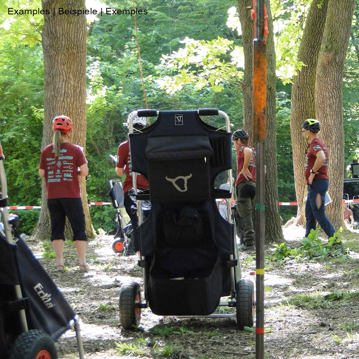 Beach Rolly Dolly Beach Cart in Blue and Black with a White Bull Head Logo on the Back, Standing in the Forest with Several People in the Background