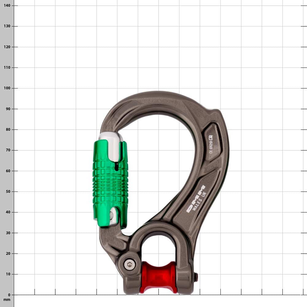 Director Yoke carabiner with green clasp and red roller, brown-gray metal case