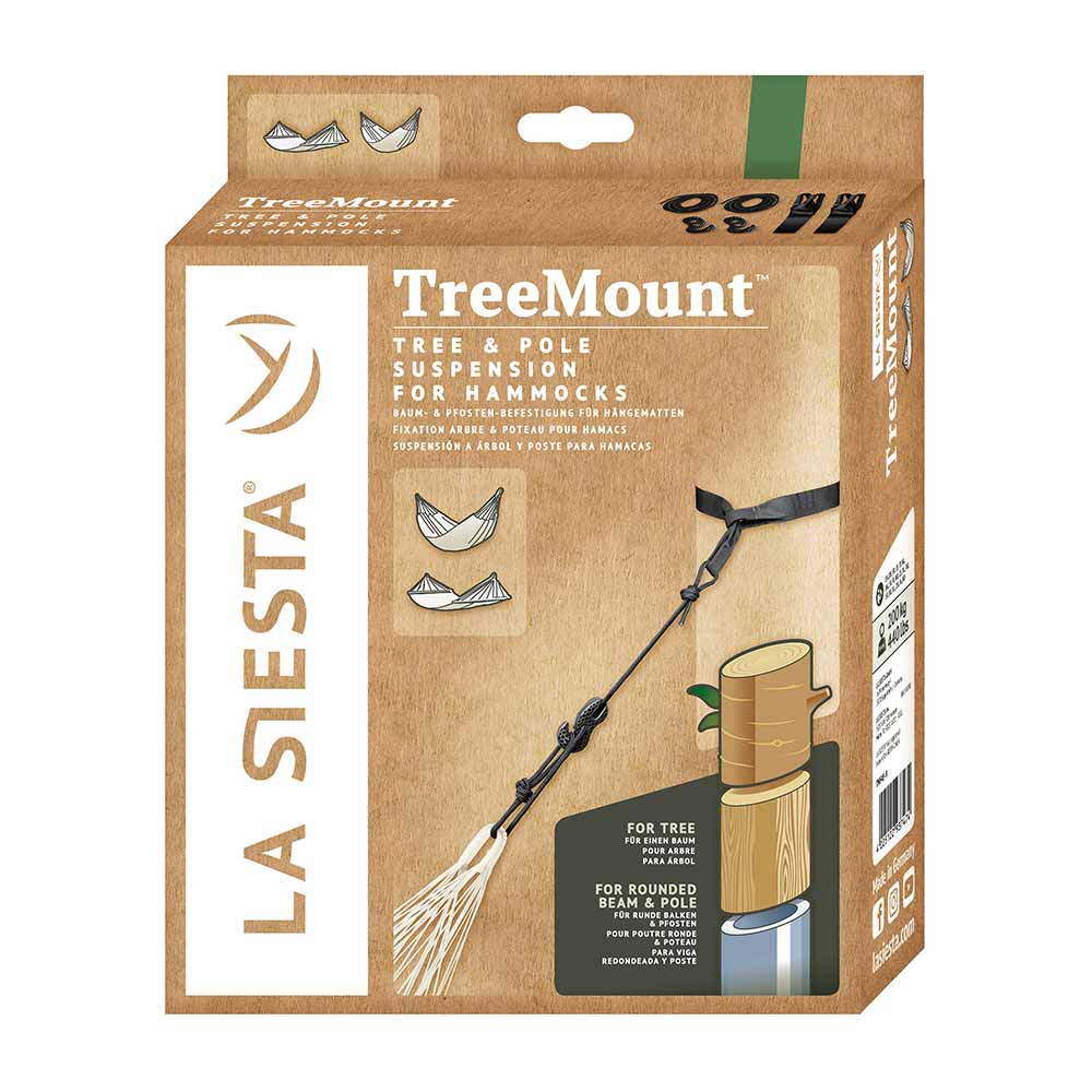 Packaging of the TreeMount Hammock by La Siesta made of brown cardboard with product illustrations and text in several languages