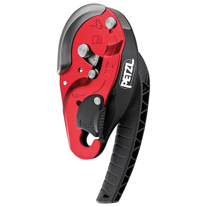 I'D L by Petzl, a red and black climbing tool with lever and metal parts