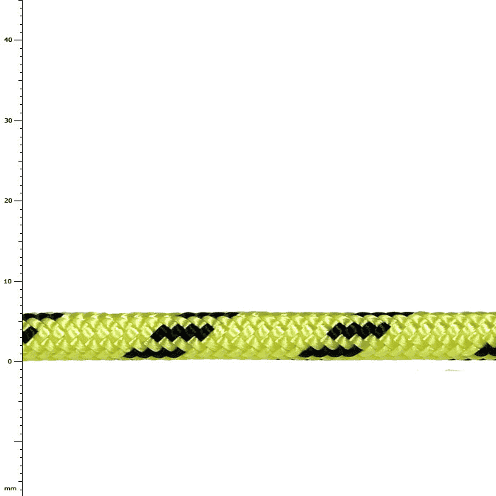 Cord 6, yellow with black patterns, close-up of a rope section