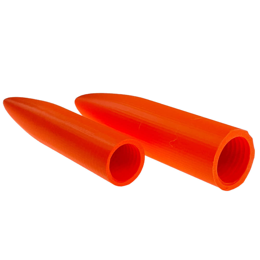 Splice Awl Signal 22/28, Two Orange Conical Plastic Parts Lying With Visible Inner Opening Against White Background
