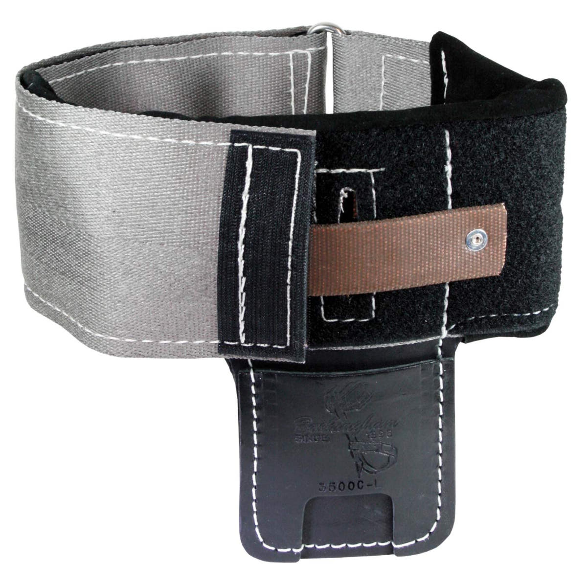 Wrap pads, crampon pads, grey and black padded strap with brown strap and black leather section with white stitching and embossing