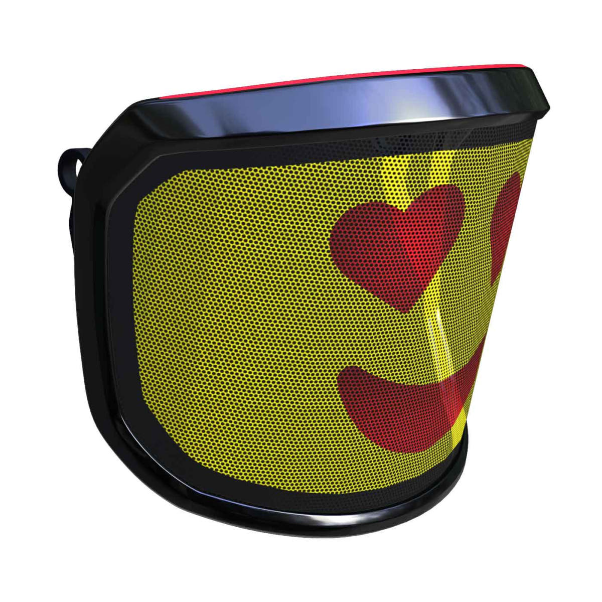 PROTOS® visor Arbormoji side view from the other side with yellow background and red smiley face with heart eyes, black frame