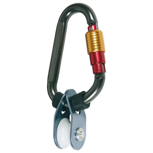 Fixing rubbers, two black rubber rings on a grey metal cable with white roller and black snap hook with red and gold-coloured closure