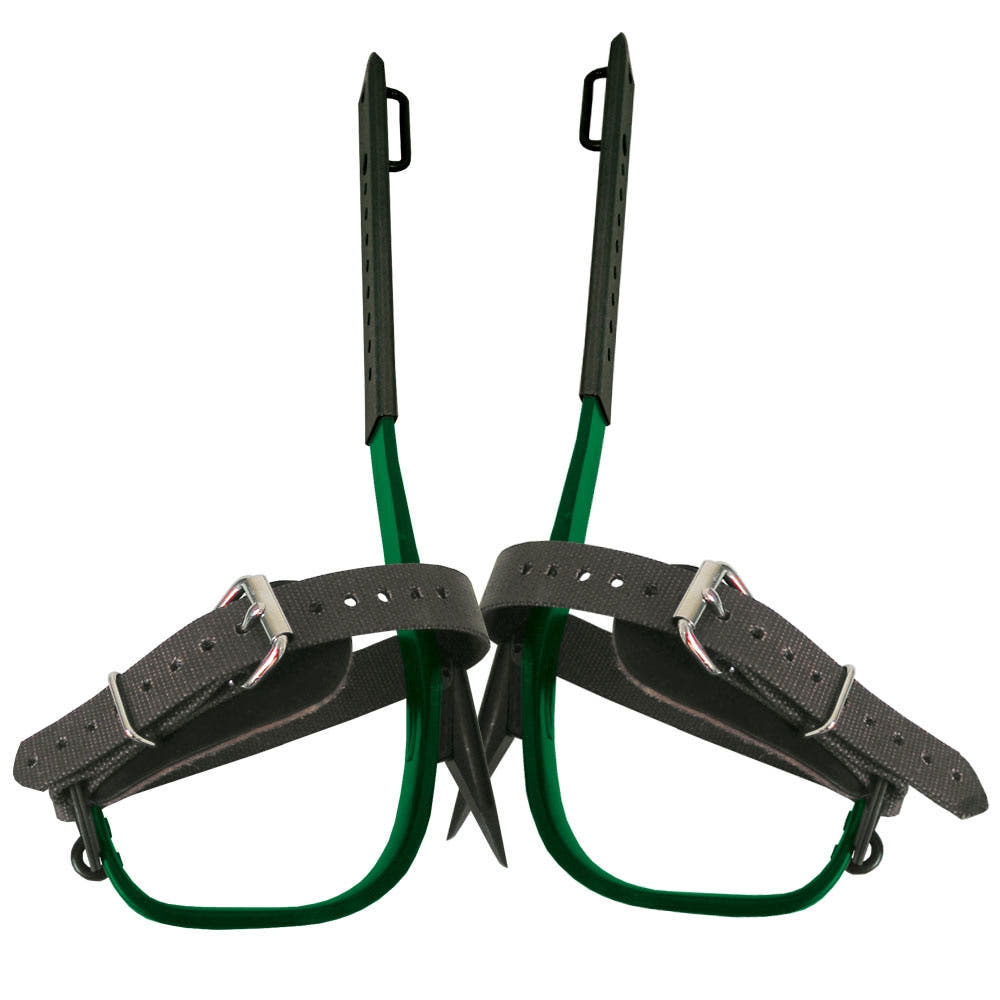 Buckingham Standard S crampons with green metal construction and black adjustable straps