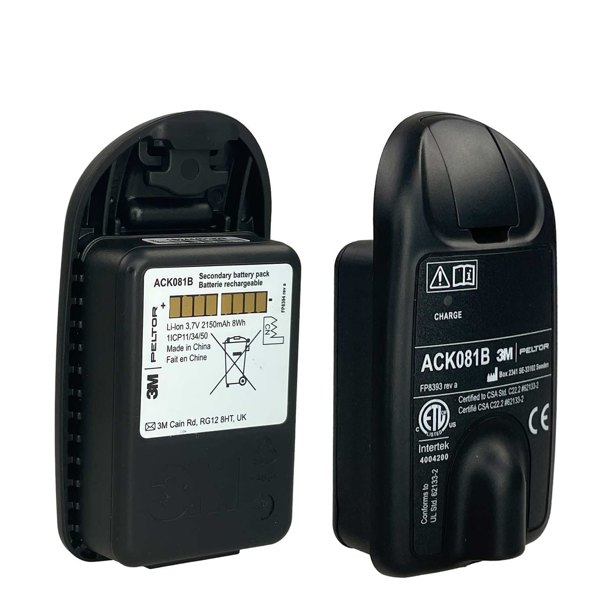 Lite Com ACK081B battery pack from 3M Peltor, two black batteries, one with open back and visible white sticker with specifications, the other shows the front with inscription and symbols