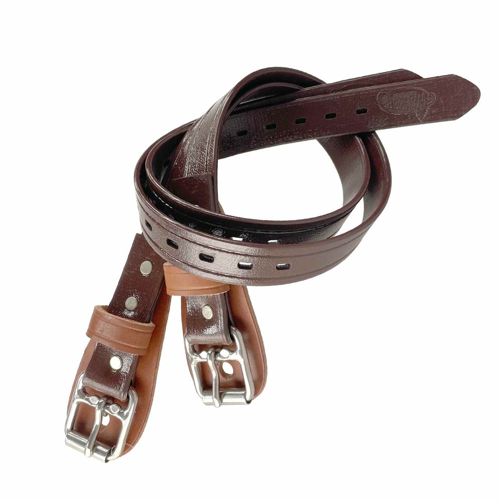 Brown leather upholstery straps with silver metal buckles and multiple adjustment holes