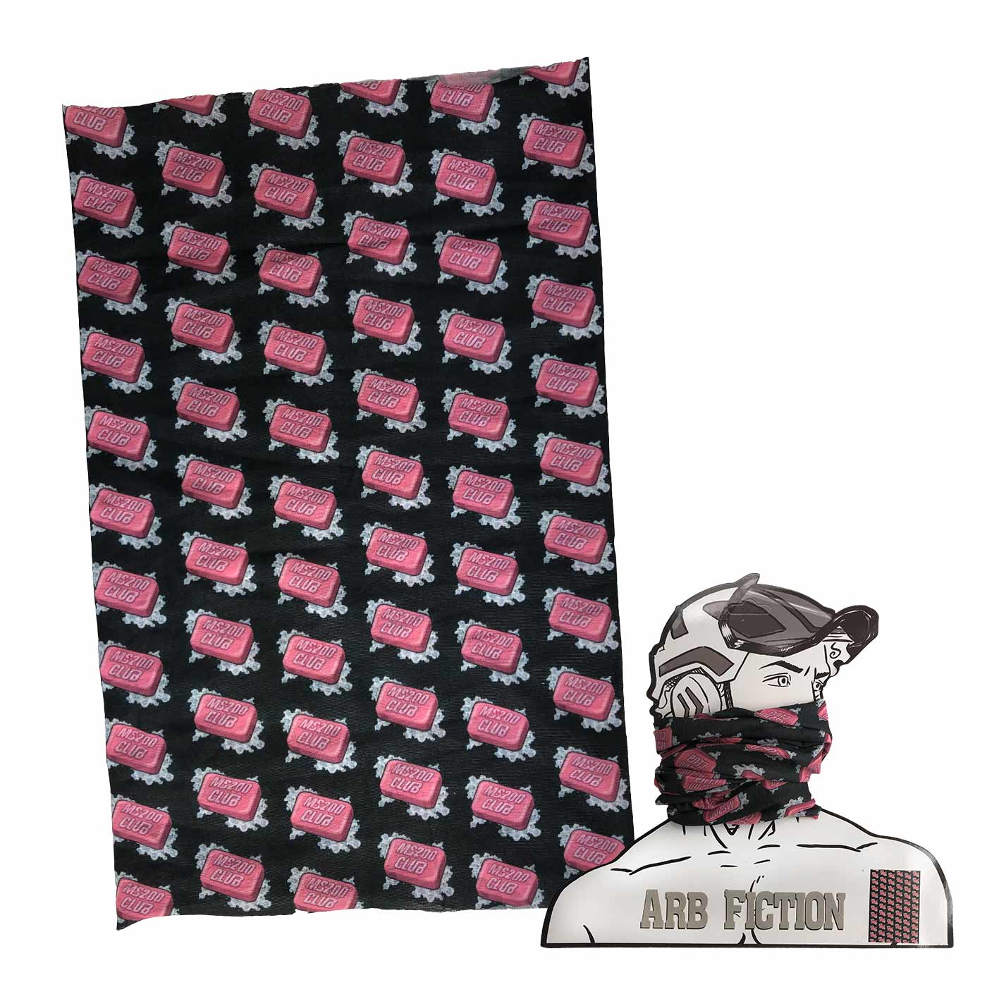 MS200 Club black multifunctional scarf with pink MS200 Club logos and grey patterns, depicted on a cardboard figure with helmet and glasses