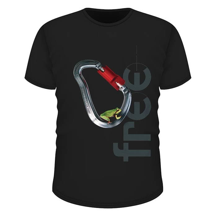 Black T-shirt with a silver carabiner print with a red closure and a small green frog inside, next to it is the lettering "free" in grey, product name Tree Frog