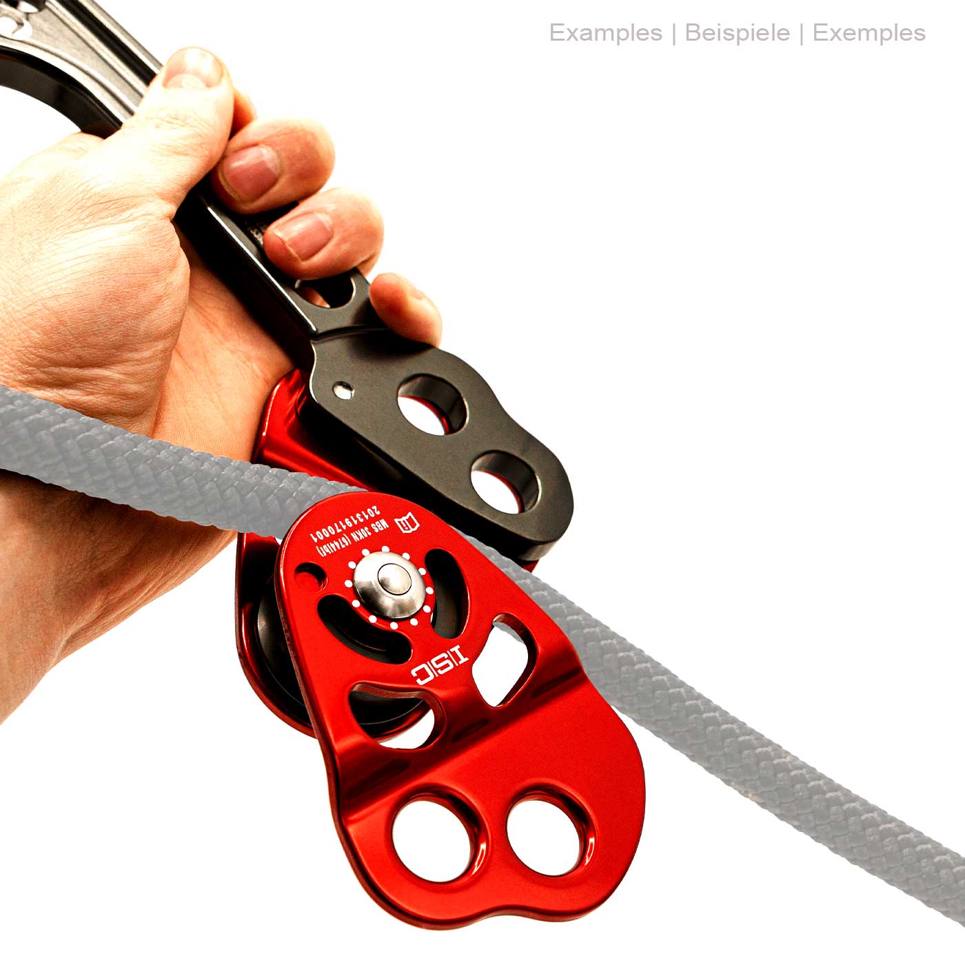 Squirrel Tether, Climbing Frame with Hand Holding Black Metal Arm, Red Aluminum Block with White Prints and Gray Rope