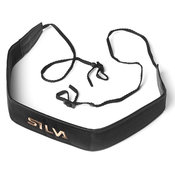 Black Silva carrying strap with gold lettering and adjustable straps