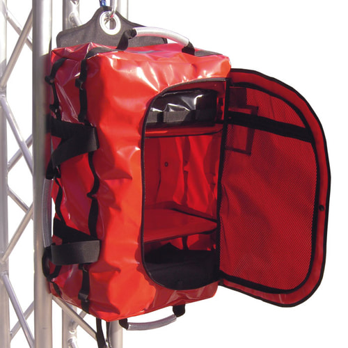 Multiuse bag in red with open compartment and black lining, suspended from a metal frame