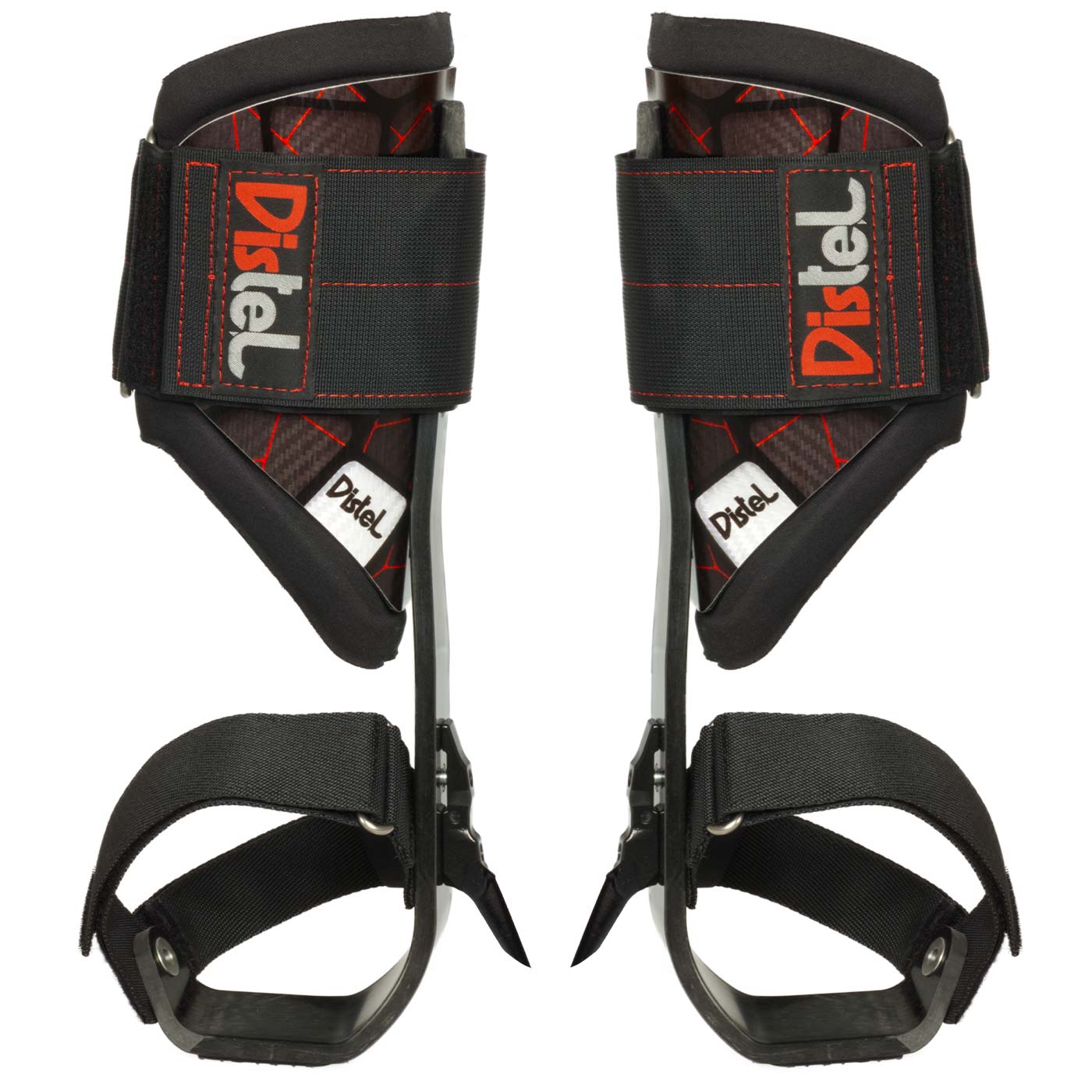 Distel Carbon 3.1 Velcro by Distel, pair of black via ferrata spurs with red stitching and Velcro straps, photographed from the front