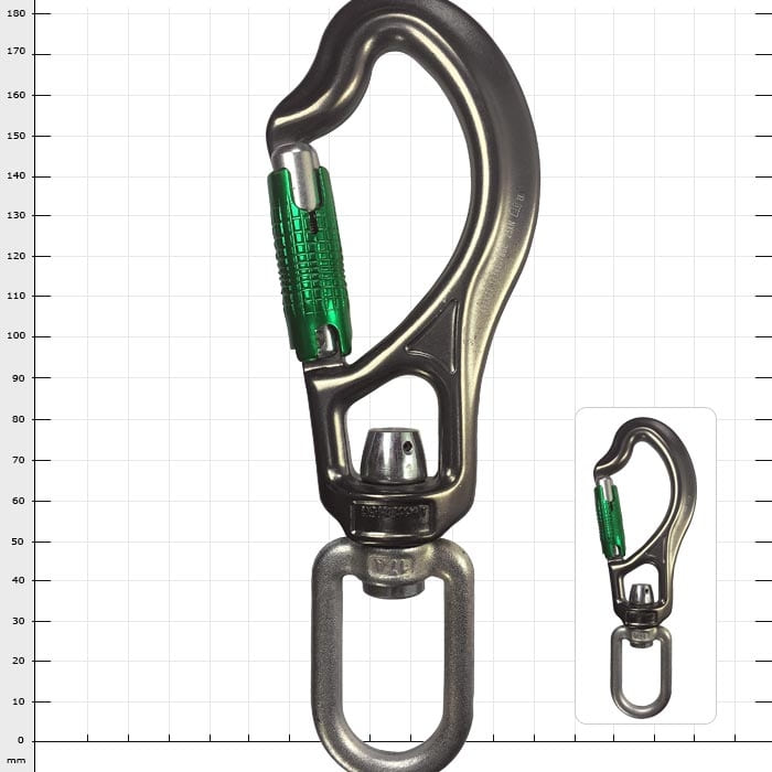 Flex Fly Plus, large silver carabiner with green closure mechanism and rotating lower ring on millimeter background