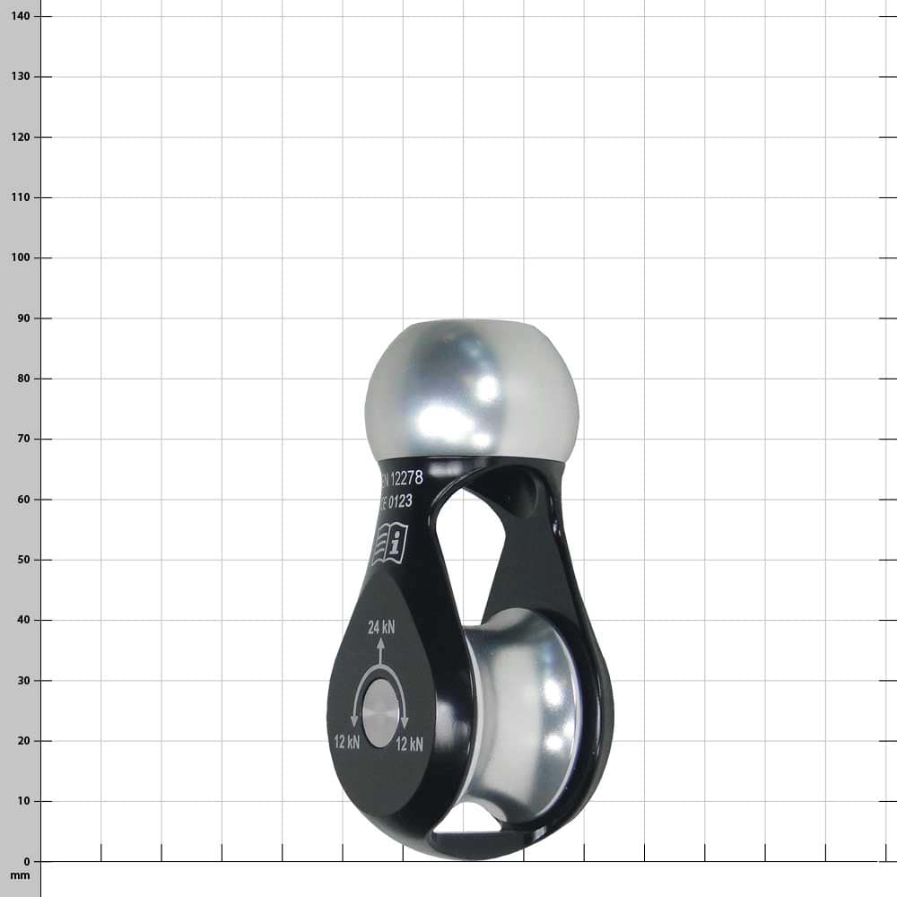 Cocoon 5, black and silver rope roll element with imprints and QR code, view slightly oblique from behind