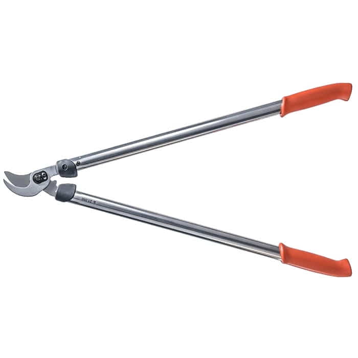 Bypass 21.080 Pruning shears with long silver metal handles and red handle covers, open, slightly from a different perspective