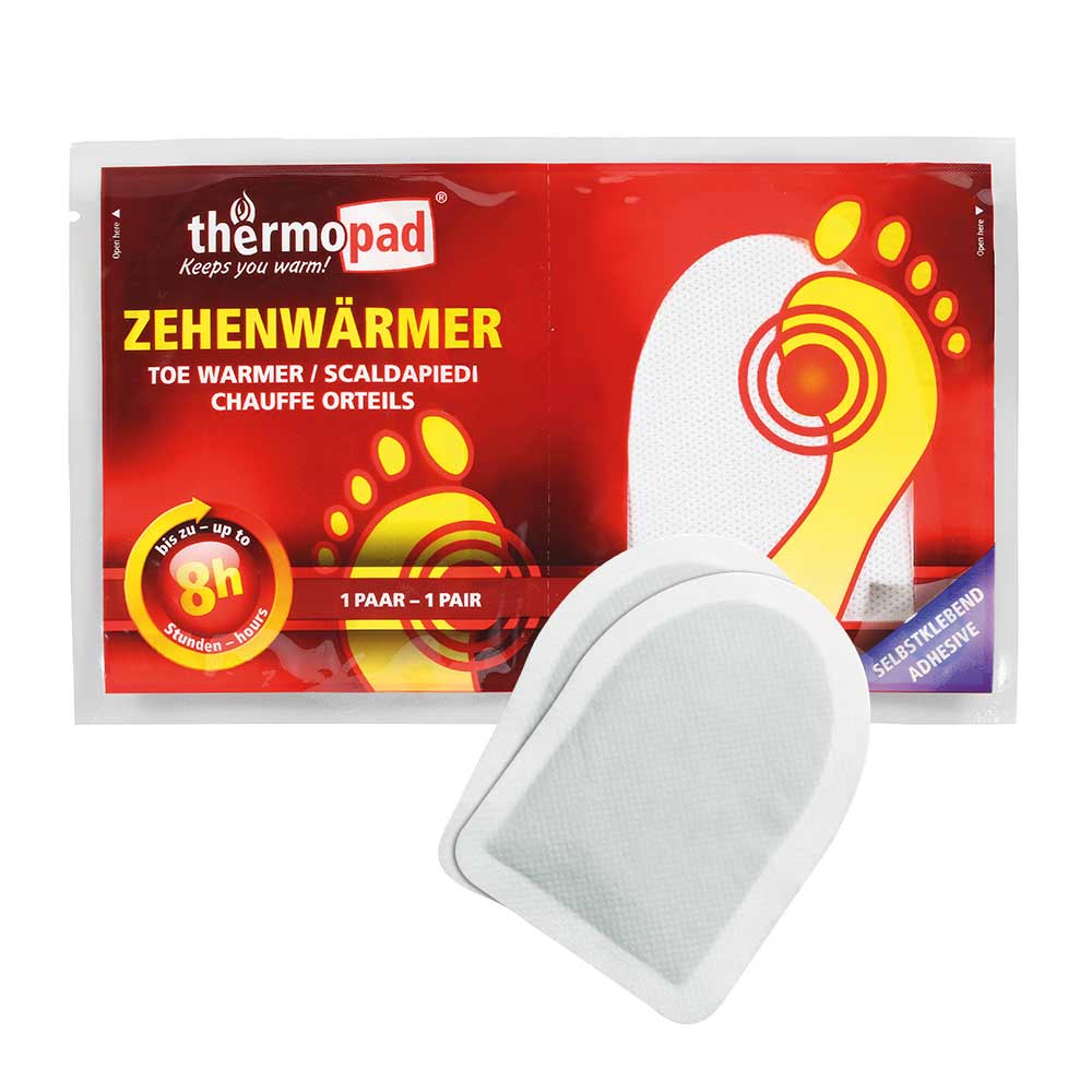 Toe warmer from thermopad, packaging in red with yellow foot graphic and two white, self-adhesive heat pads in front of it