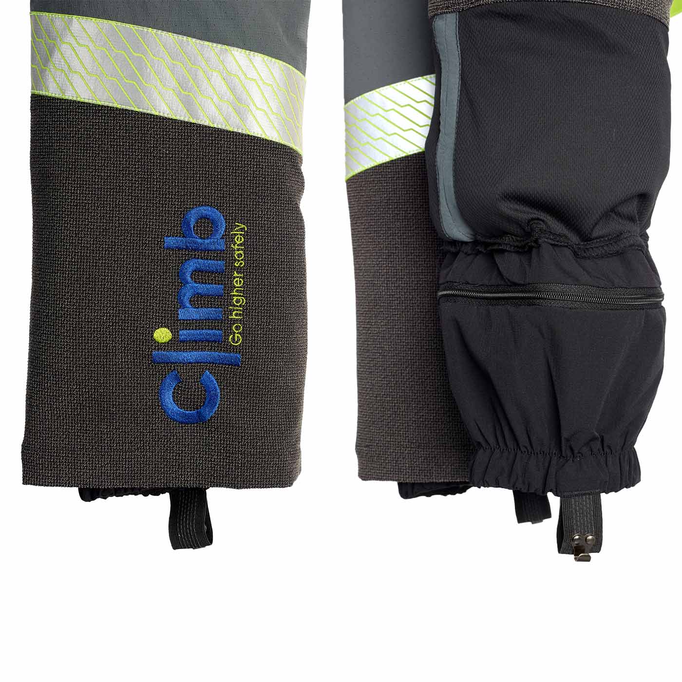 Detail of the lower legs of the Climb cut protection trousers with reflective stripe, embroidered "climb" logo in blue and yellow and elastic leg cuffs with hook closure