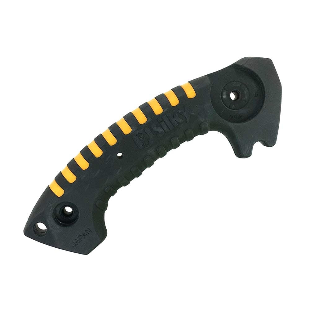 Sugoi handle, black handle with yellow rubber inserts, manufacturer Silky, with mounting holes and ergonomic shape.