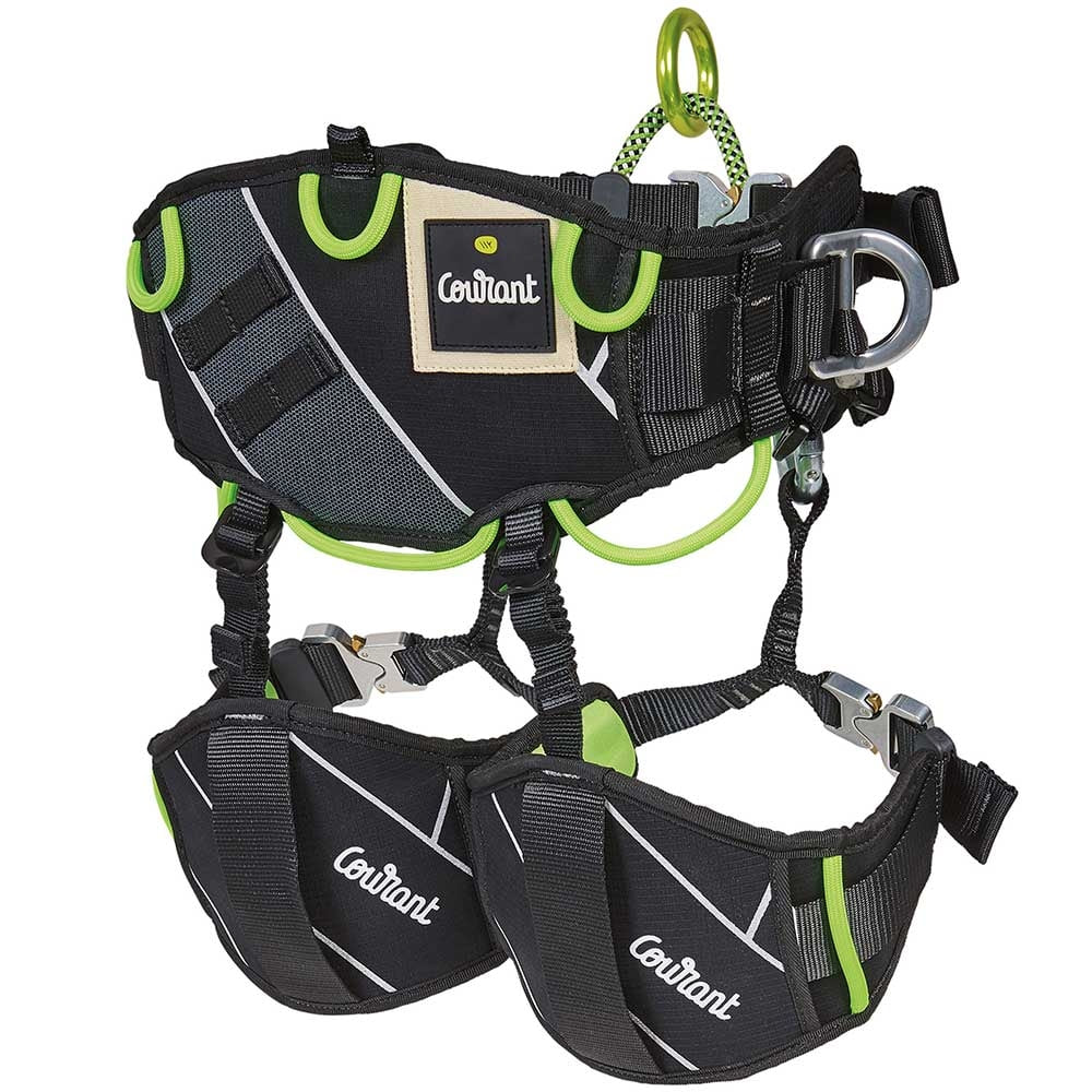 Climbing harness Koala V1.2 by Courant in black with green details, several loops and metal clasps