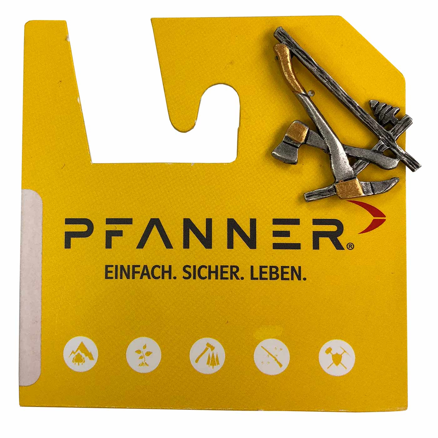Wooden pin with two axes and a tree, silver-coloured with black patina and gold-coloured details on yellow Pfanner card holder with black lettering