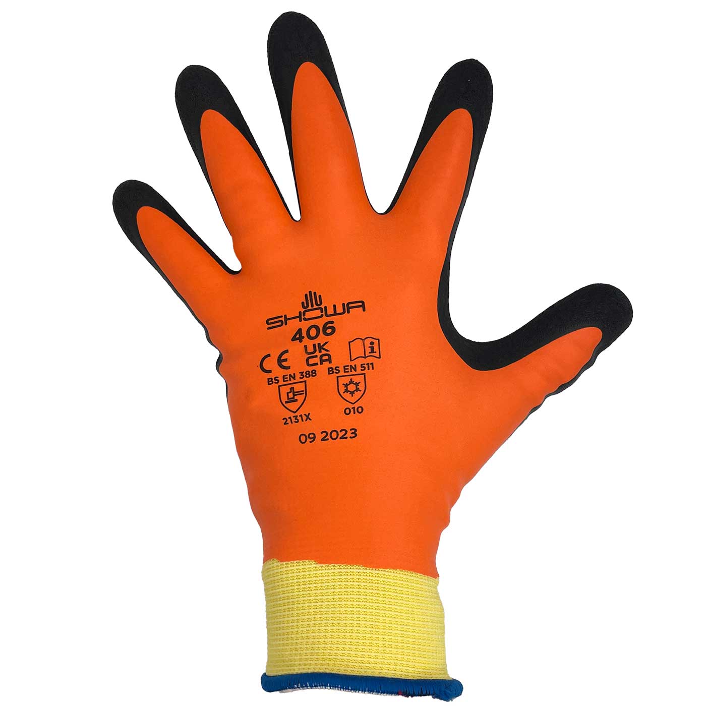 Showa 406 work glove in orange with black coating on the fingers and yellow cuff, visible back with print