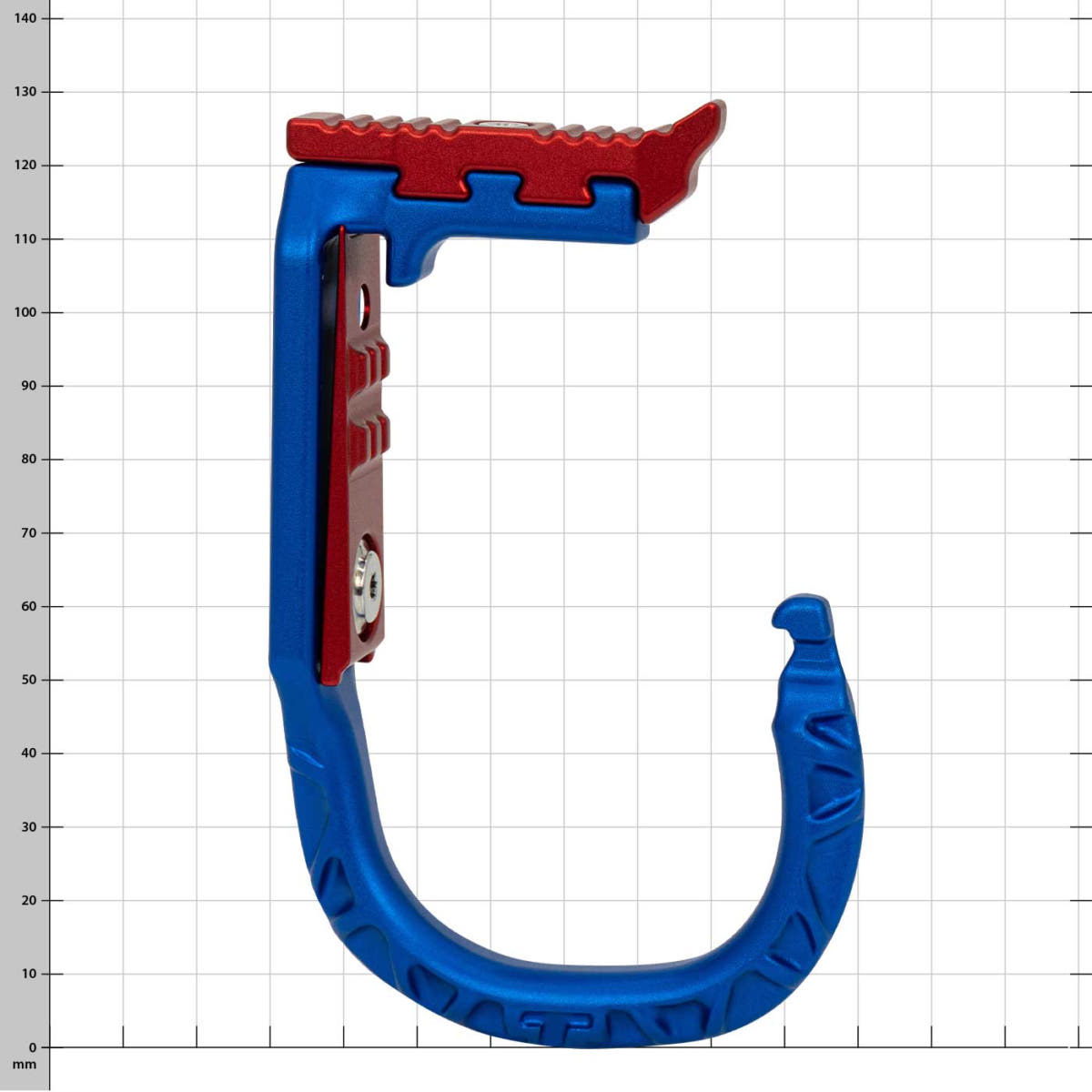 skyHOOK Open Gate in blue and red, side view from the other side with visible details and structure