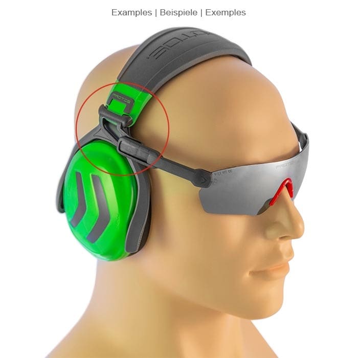 PROTOS® Headset Glasses Clip, black clip on green ear protection and grey goggle lens attached to a head model