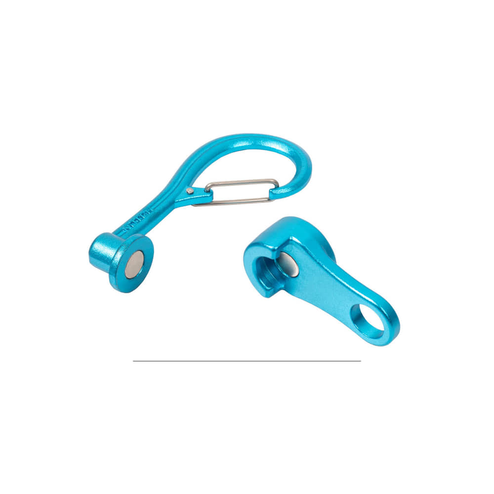 Blue Magneato snap hook with magnetic closure and matching blue magnetic closure part, both made of metal