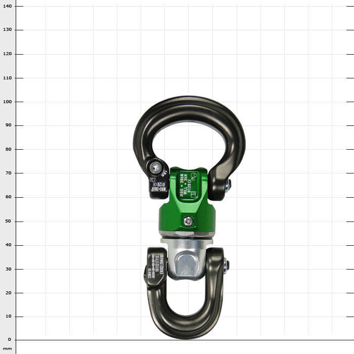 Mini-Swivel Nexus 1, a swivel snap hook with green middle section and black hooks at the top and bottom, against a white background with grid