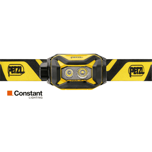 Petzl Pixa R headlamp with yellow and black headband, frontal with two luminous lenses and Petzl logo on the strap