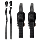 Thistle lower ratchet strap, two black straps with ratchet closure and metal rings, frontal view with both straps next to each other