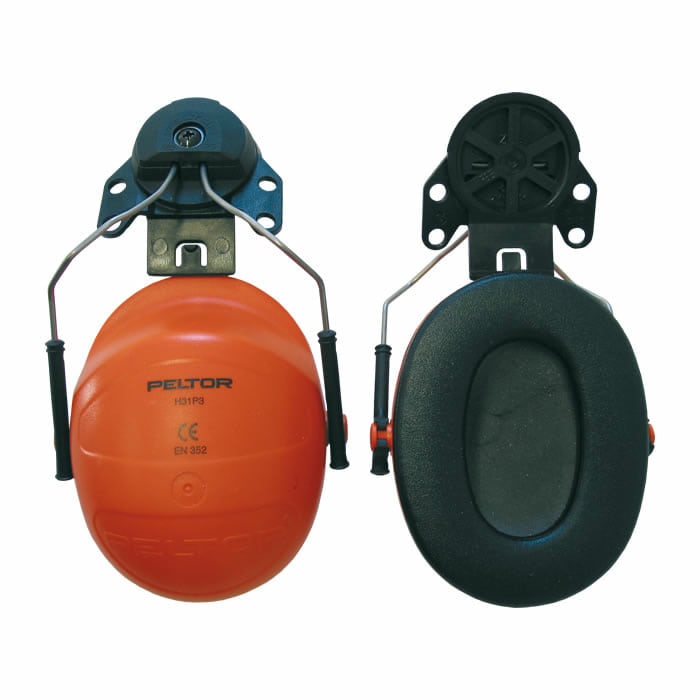 Standard H31 Plug from Peltor, left earpiece orange with black holder, right earpiece black with black holder