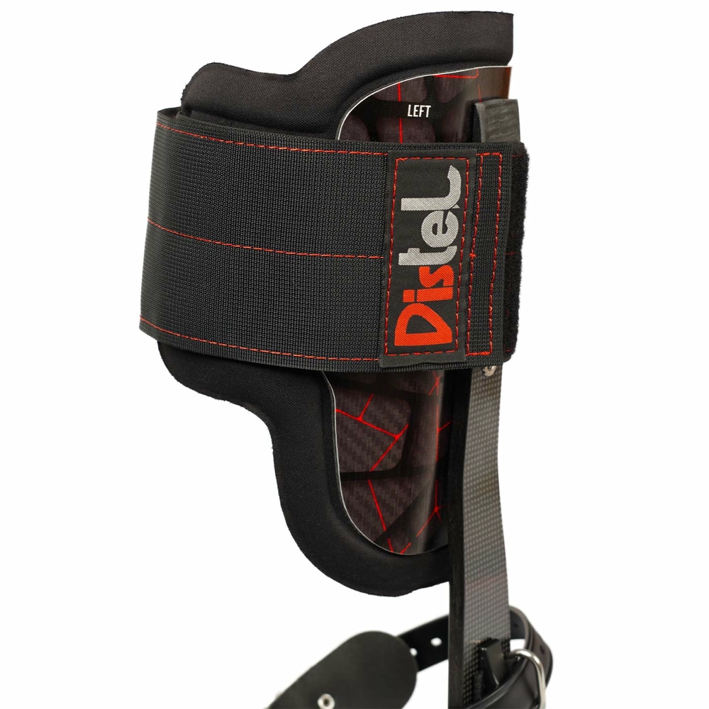 Distel Carbon 3.1 Classic by Distel, left carbon rail with padded black Velcro strap with Distel logo, side view