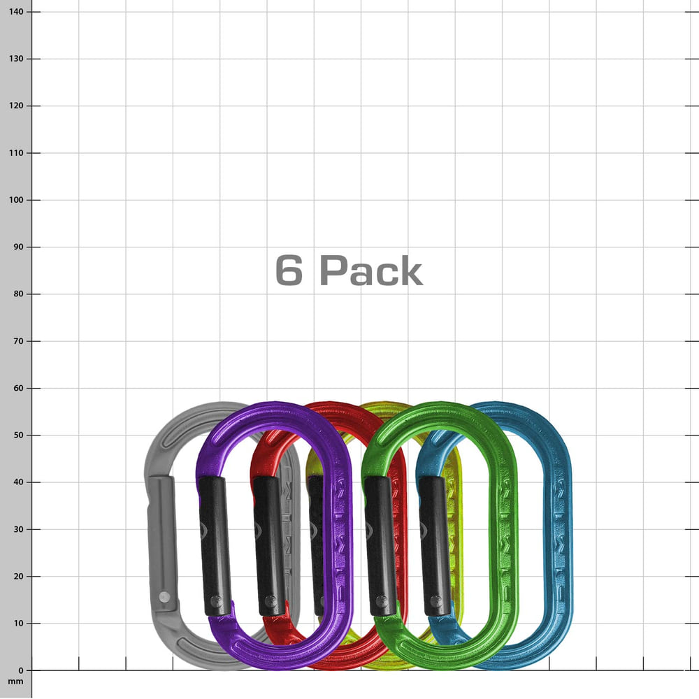 XSRE Multipack of six carabiners in the colours grey, purple, red, yellow, green and blue
