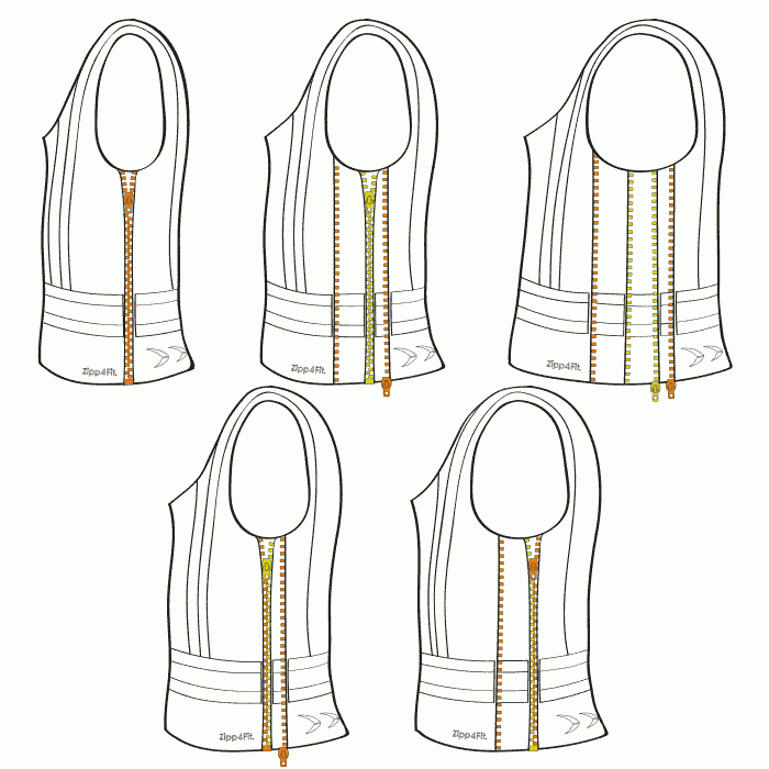 Zipp-4-Fit safety vest from Pfanner shown as a technical drawing in five variants with different zipper colors and positions, without color, only outlines and details