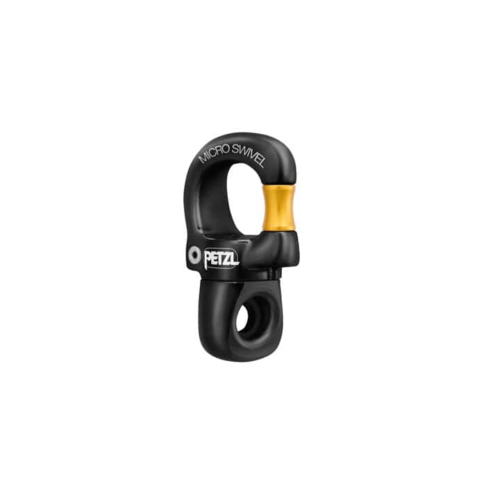 Micro Swivel by Petzl in Black with Gold Swivel and White Lettering, Side View
