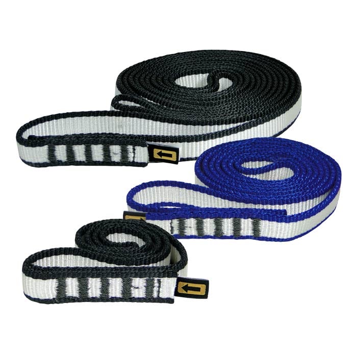 Sling 16, three coiled sling straps in black and white, blue and white with black markings and small black labels with yellow arrow